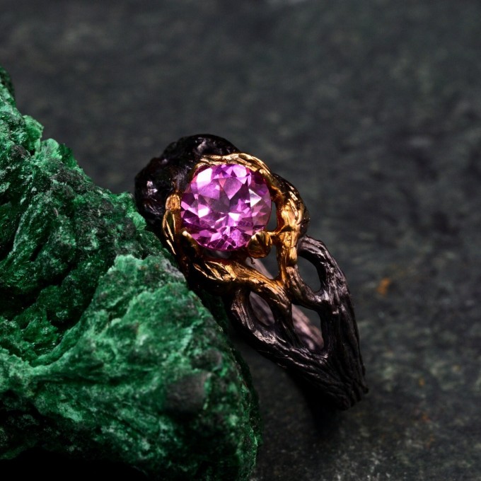 Elegant Alexandrite Wedding Ring for Women – Viking Promise Band with Artistic Leaf and Tree Motif