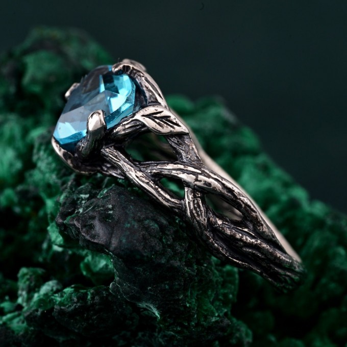 Romantic Topaz Engagement Ring: Unique Celtic Knot and Branch Design