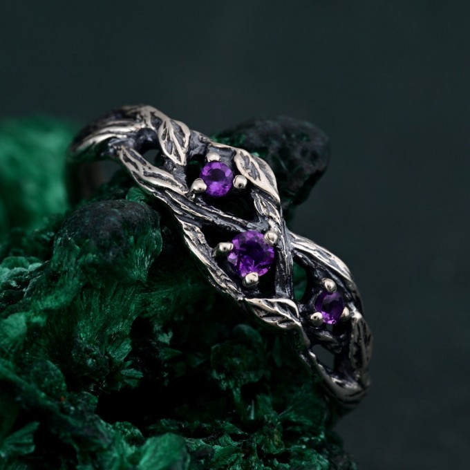 Amethyst Silver Twig Engagement Ring - Unique Dainty Leaf Design for Women