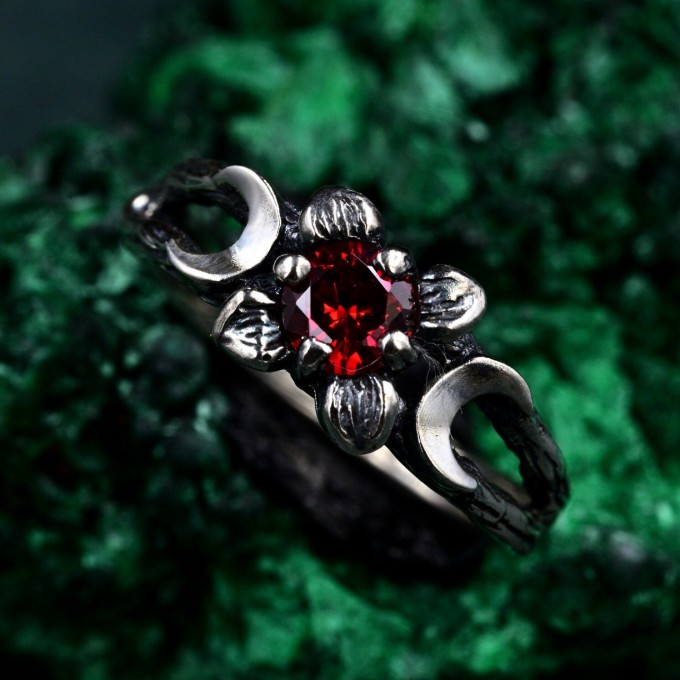 Celestial Crescent Engagement Ring – Lunar Trinity Garnet Ring, Mystic Silver Moon Trio, Triple Goddess Garnet Ring