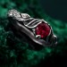 Gothic Silver Ring with Ruby and Leaf Motif