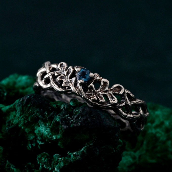 Oak Leaves Silver Dainty Topaz Engagement Ring