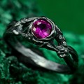 Delicate Silver Branch and Leaf Engagement Ring with Ruby Flower – Handcrafted 925 Silver Jewelry for Women