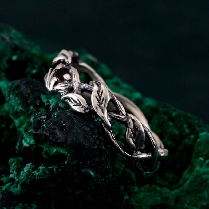 Garnet Twig Silver Ring with Dainty Branch and Petite Leaf Design