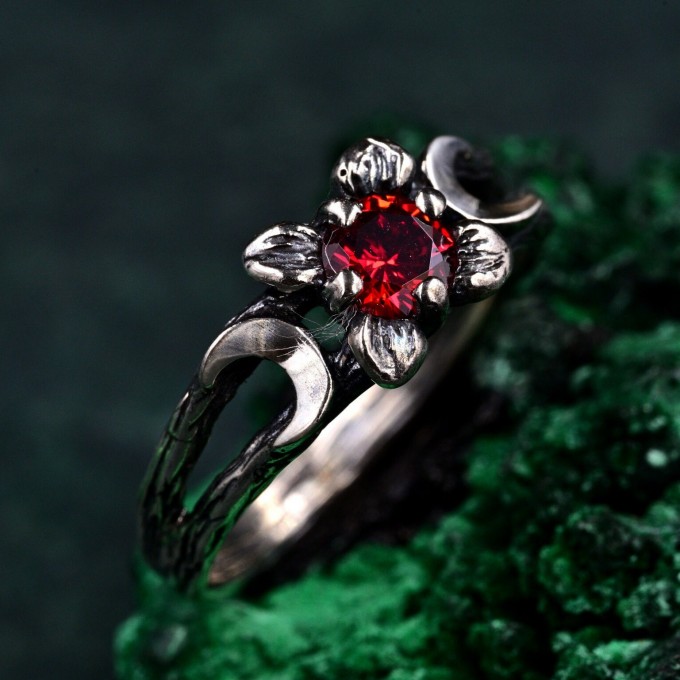 Celestial Crescent Engagement Ring – Lunar Trinity Garnet Ring, Mystic Silver Moon Trio, Triple Goddess Garnet Ring