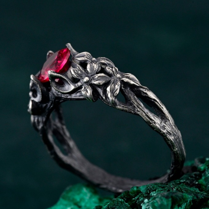 Crimson Blossom: Gothic Sterling Silver Ring with Radiant Ruby