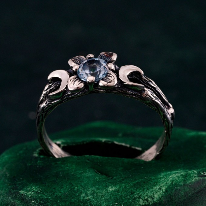 Mystic Topaz Lunar Ring - Triple Moon Goddess Silver Engagement Ring