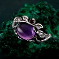 Nature's Grace: Amethyst Cabochon Leaf Ring in Sterling Silver