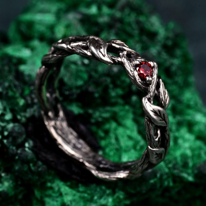 Woodland Fairycore Silver Eternity Ring – Men's Leafy Vine Engagement Band, Braided Tree Branch Silver Ring, Leaf Design Band