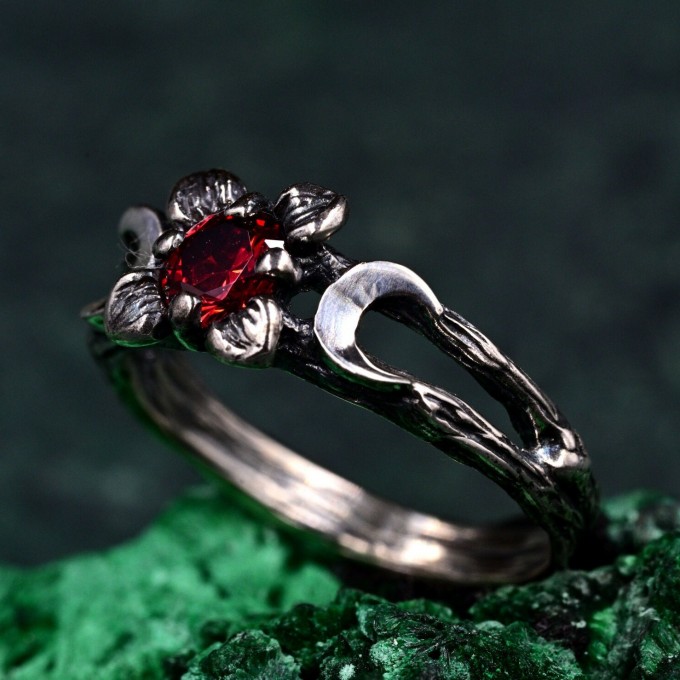 Celestial Crescent Engagement Ring – Lunar Trinity Garnet Ring, Mystic Silver Moon Trio, Triple Goddess Garnet Ring