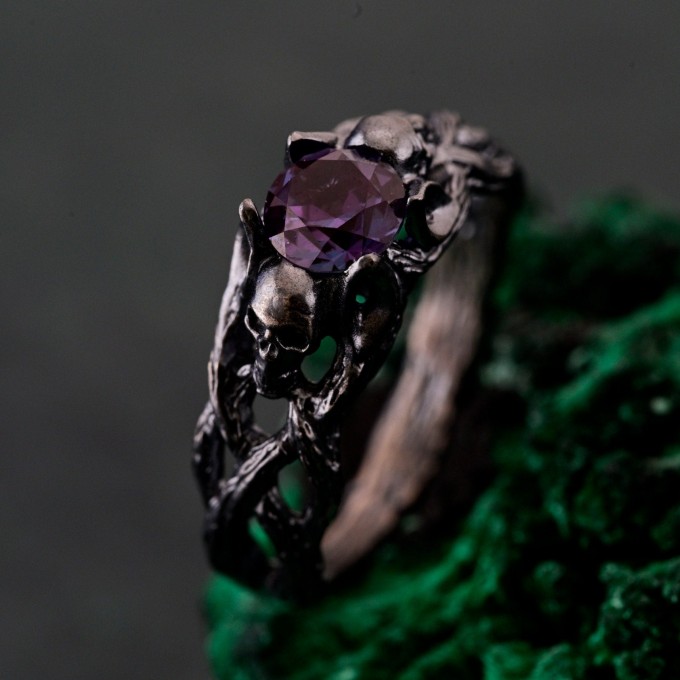 Silver Skull Engagement Ring: Gothic Twig Band Design