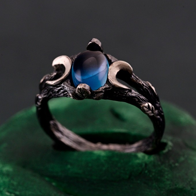 Silver Moon Phase Ring with Blue Gemstone: Enchanted Forest Bohemian Wedding Band