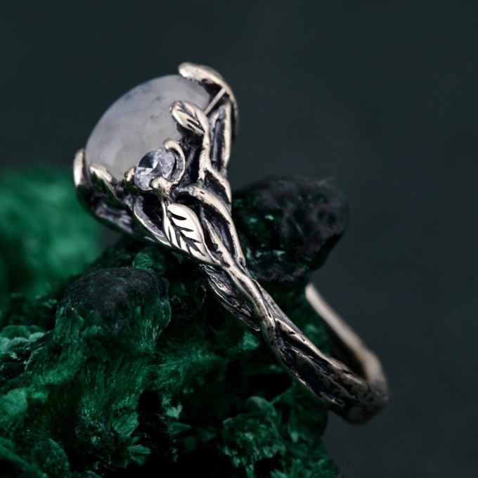 Silver Fairy Engagement Ring: Ethereal Forest Design with Tree Bark Band