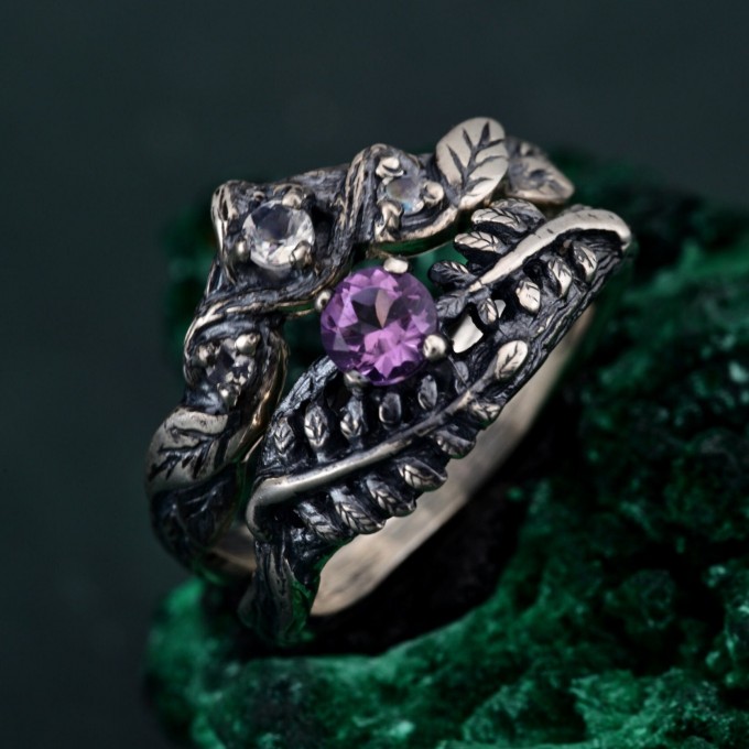 Mystical Amethyst Tree Ring - Enchanted Forest Handcrafted Leafy Silver Engagement Ring