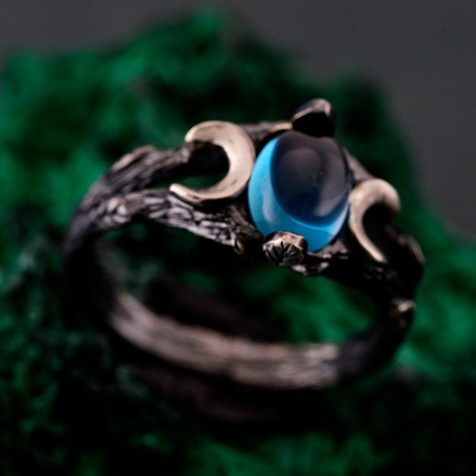 Silver Moon Phase Ring with Blue Gemstone: Enchanted Forest Bohemian Wedding Band