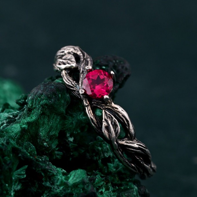 Delicate Twig Engagement Ring with Ruby – Leafy Branch Twisted Wedding Band