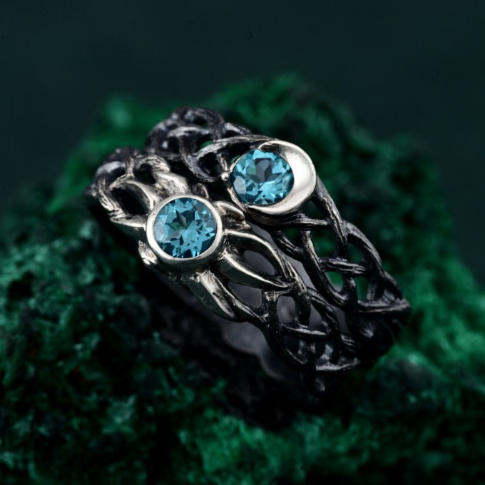 Mystical Elven Ring Set - Sun and Moon Design with Dark Silver Vine Bands