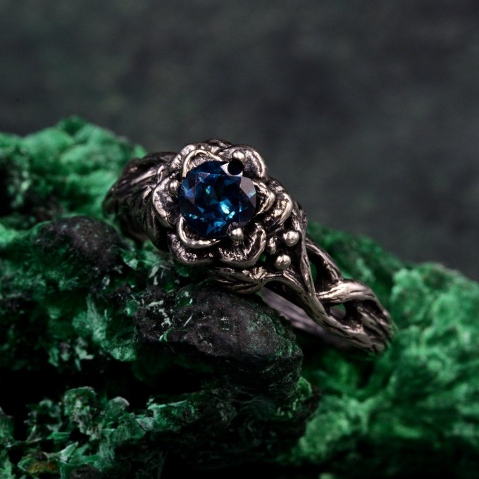 Bloom of Dusk: Gothic London Blue Topaz Rose Ring