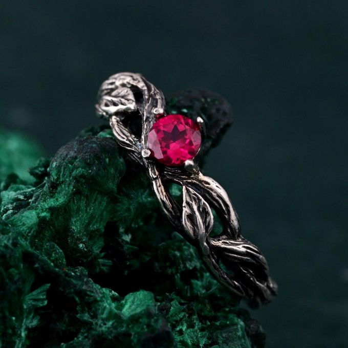 Leafy Branch with Ruby Ring – Nature-Inspired Silver Twig Jewelry