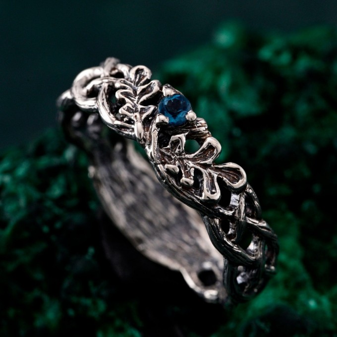 Oak Leaves Silver Dainty Topaz Engagement Ring