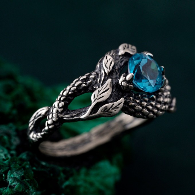 Azure Coil: Gothic Snake Ring with Blue Topaz