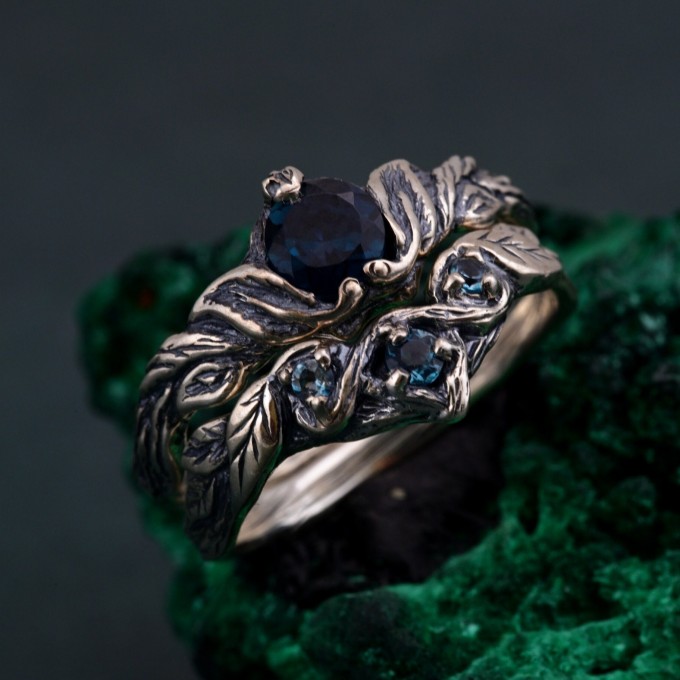 Elven Silver Ring Set with London Blue Topaz – Nature-Inspired Bridal Set, Enchanted Forest Stackable Rings, Mystical Twig Leaf Design