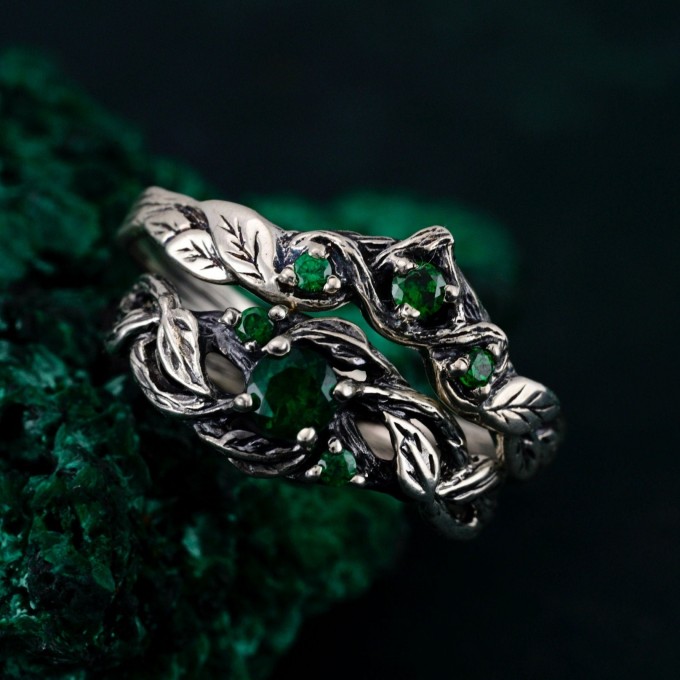 Enchanted Woodland Sterling Silver Ring Set with Nature-Inspired Leaf Design
