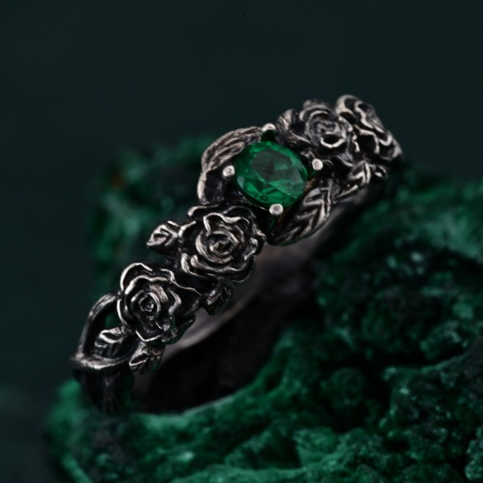 Emerald Blossom Silver Elegance – Dainty Floral Twig Accent Ring, Nature's Elegant Silver Bloom with Flower on Silver Twig