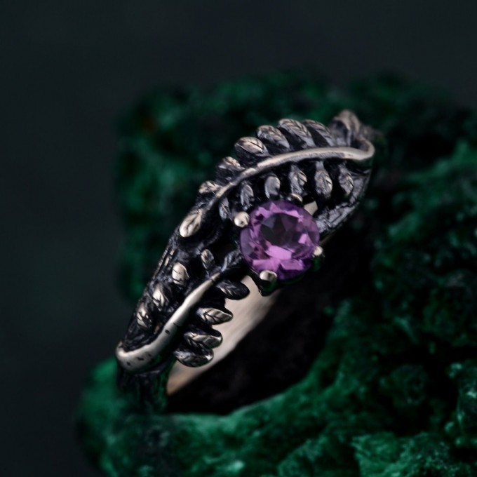 Amethyst Fern Branchlet Ring - Whispering Fern Ring with Graceful Twig and Woodland Design