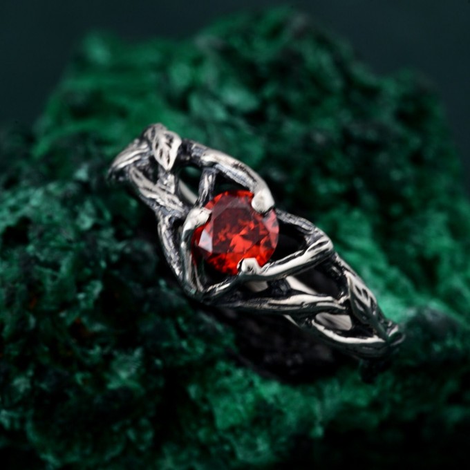 Silver Nature Ring: Garnet Branch-Inspired Engagement Ring for Her