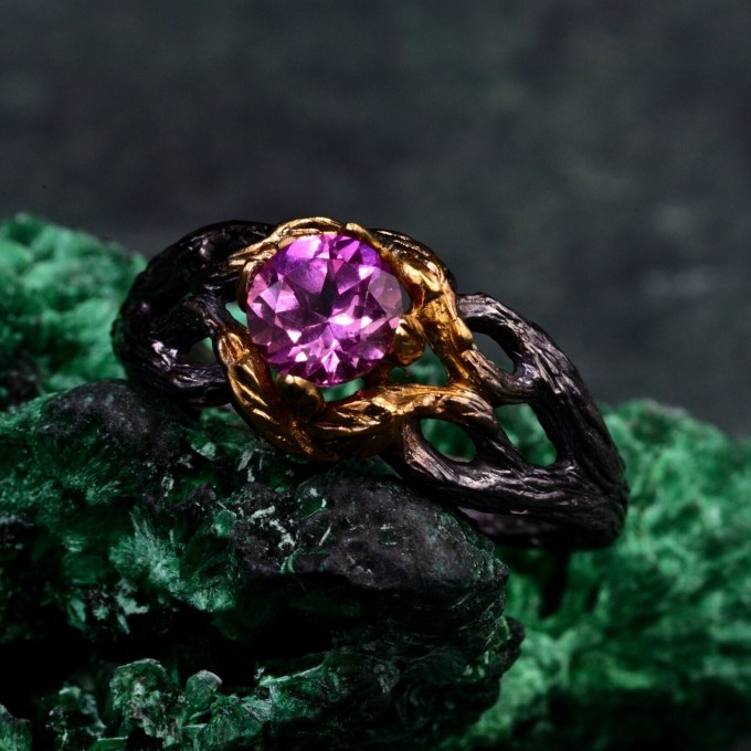 Elegant Alexandrite Wedding Ring for Women – Viking Promise Band with Artistic Leaf and Tree Motif