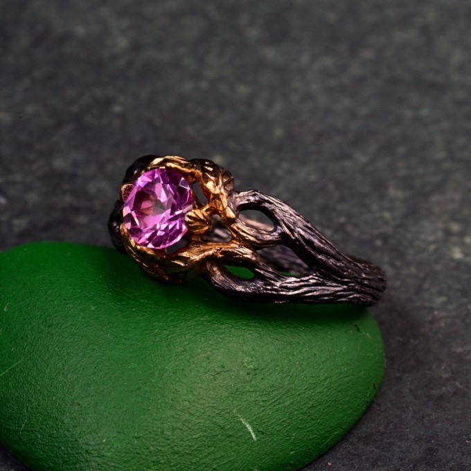 Elegant Alexandrite Wedding Ring for Women – Viking Promise Band with Artistic Leaf and Tree Motif