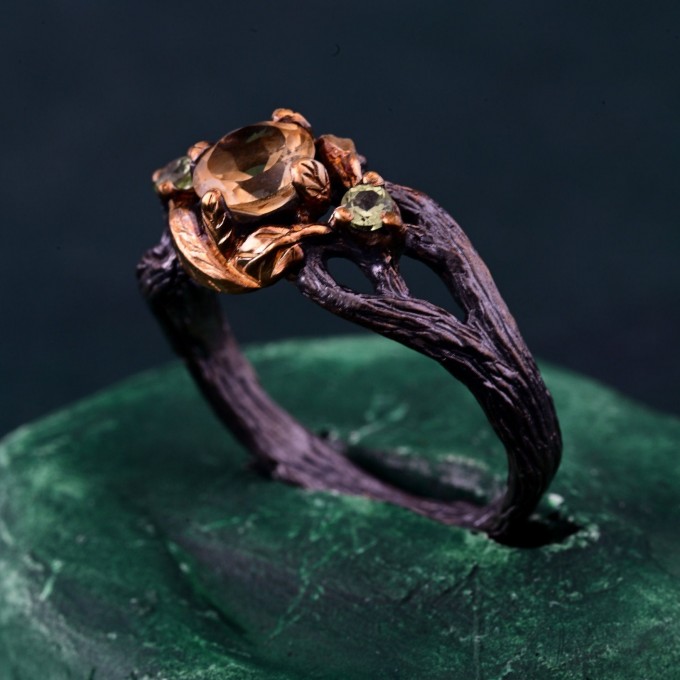 Citrine & Peridot Branch Ring - Nature-Inspired Unique Engagement Ring