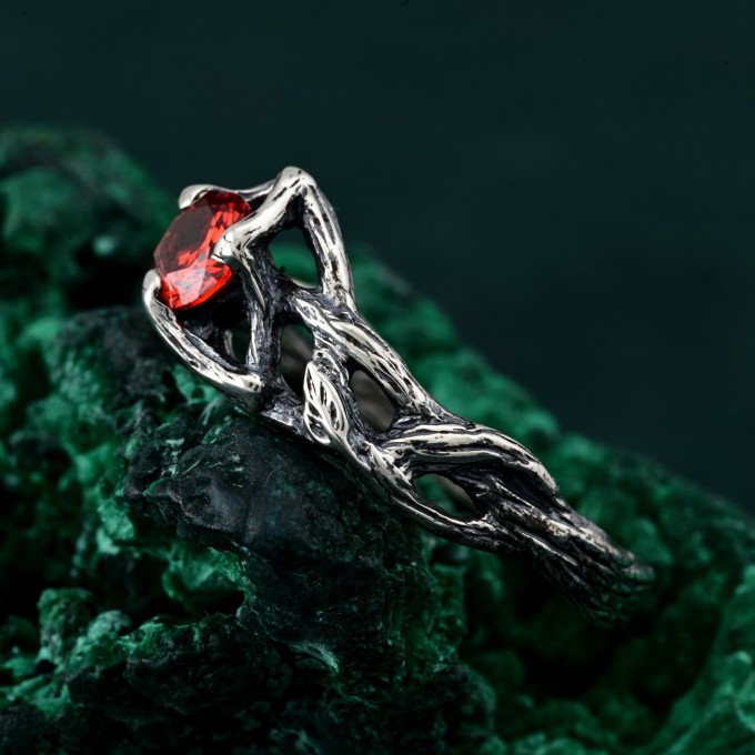 Unique Ring for Women's Engagement – Silver Nature-Inspired Design, Garnet Branch Ring, Perfect Gift for Her