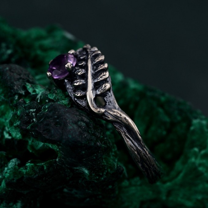 Amethyst Fern Branchlet Ring - Graceful Twig and Fern Woodland Band