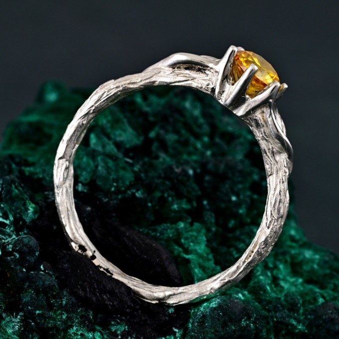 Sylvan Citrine Engagement Ring – Silver Nature-Inspired Band, Elven Leaf Design, Woodland Aesthetic Jewelry for Her