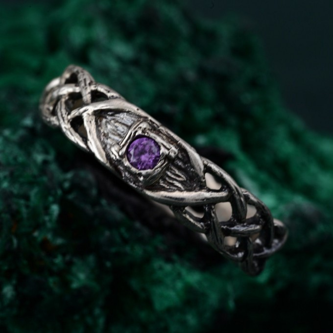 Viking Silver Celtic Ring – Wood Accented Braided Silver Tree Ring with Leaf Design, Masculine Promise Band