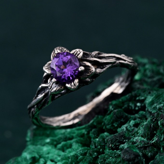 Amethyst Blossom Twig Ring - Enchanted Forest Whimsical Vine Design