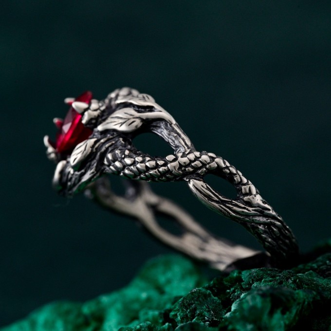 Elegant Ruby Serpent Ring – Mythical Silver Dragon Design, Unique Artisan Jewelry