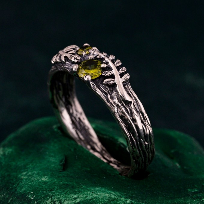 Artisan-Crafted Peridot Silver Twig Ring - Unique Woodland Engagement Band
