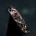 Celtic Pattern Garnet Wedding Band - Wide Vintage Style Tree Bark Design for Couples