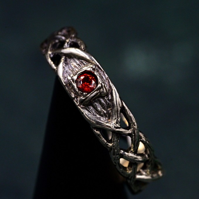 Celtic Pattern Garnet Wedding Band - Wide Vintage Style Tree Bark Design for Couples