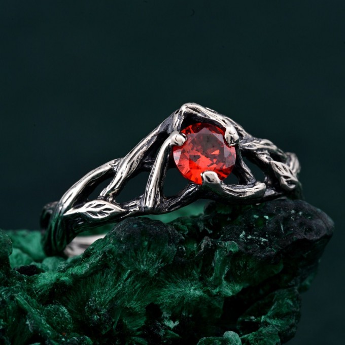 Silver Nature Ring: Garnet Branch-Inspired Engagement Ring for Her