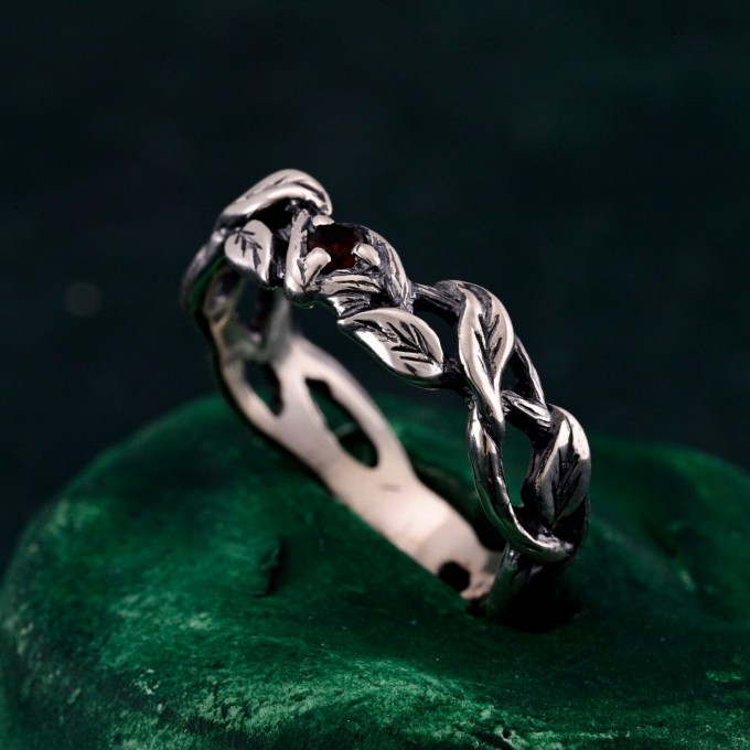Garnet Twig Silver Ring - Adorned Branch Design
