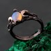 Silver Moon Phase Ring with Opal: Boho Celestial Wedding Band with Enchanted Forest Design