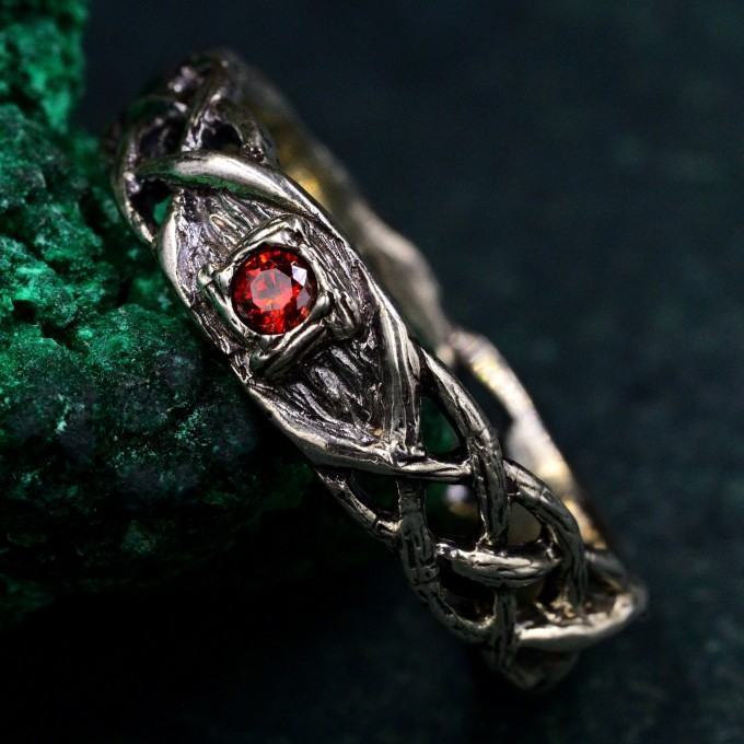 Celtic Pattern Garnet Wedding Band - Wide Vintage Style Tree Bark Design for Couples
