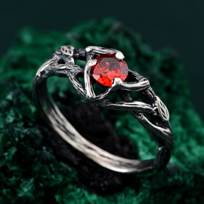 Silver Nature Ring: Garnet Branch-Inspired Engagement Ring for Her