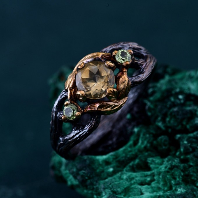 Citrine & Peridot Branch Ring - Nature-Inspired Unique Engagement Ring