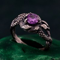 Amethyst Dragon Scale Ring - Mystical Serpent Band - Enchanted Silver Jewelry