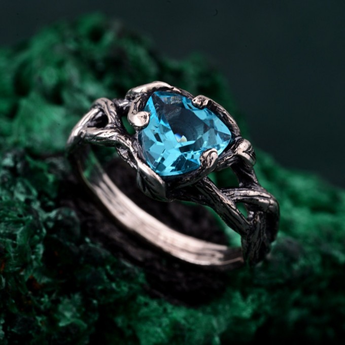 Romantic Topaz Engagement Ring: Unique Celtic Knot and Branch Design